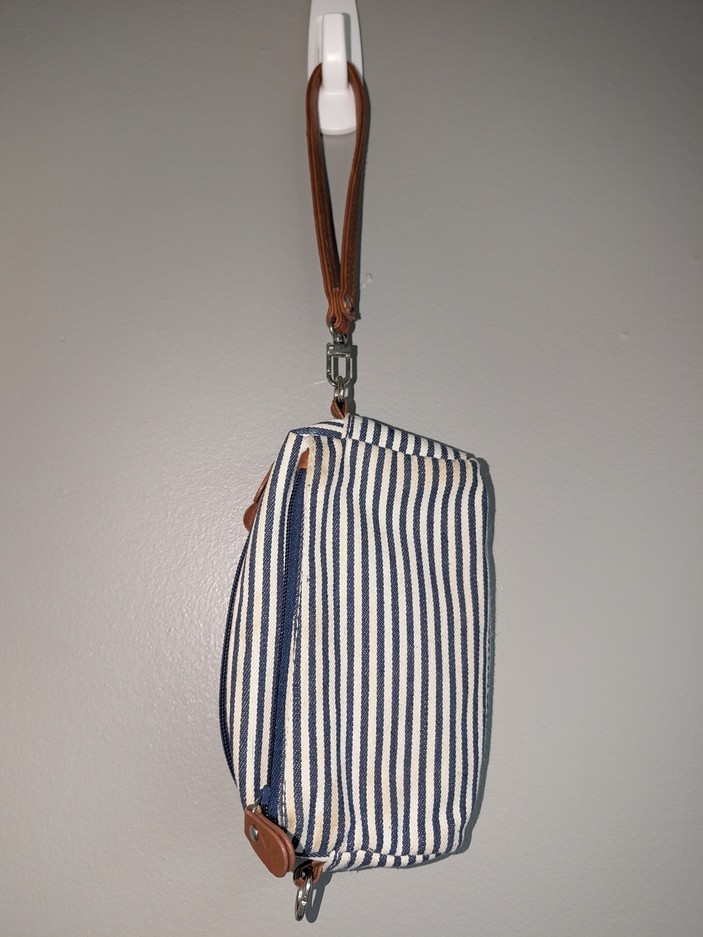 Striped Navy and White Wristlet Clutch with Tan Strap